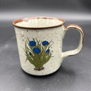 VTG Takahashi Otagiri Blue Wildflower Stoneware Coffee Mug Gray Brown Speckled